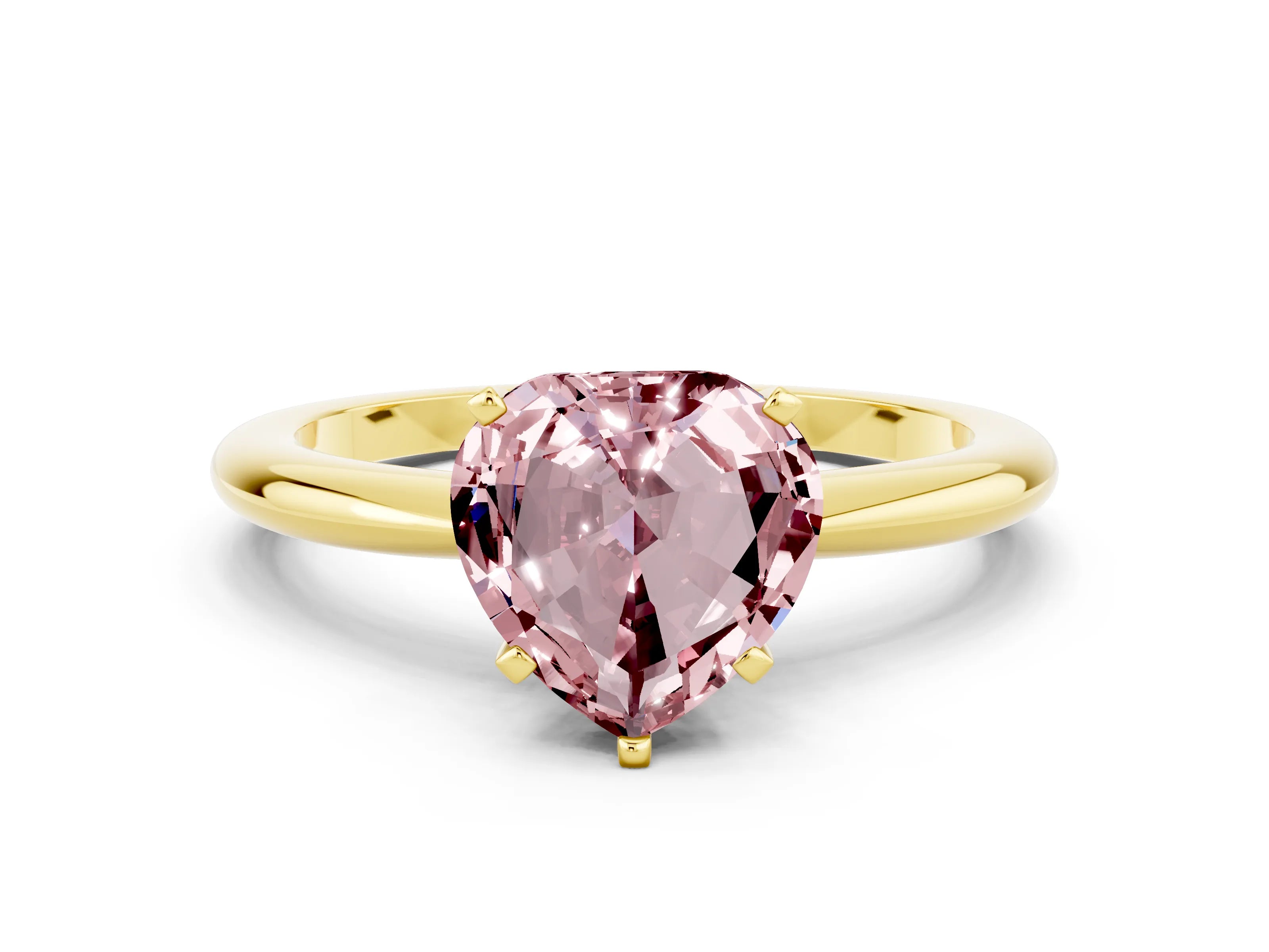 Yellow gold Heart Cut Morganite Solitaire Ring with Six-Prong Setting and Classic Band