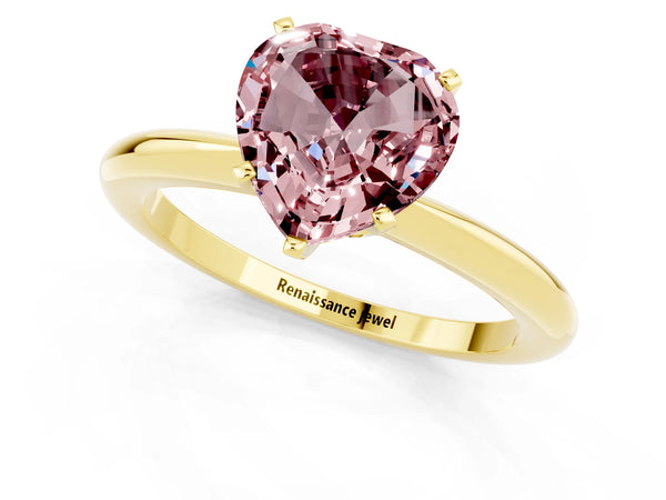 Yellow gold Heart Cut Morganite Solitaire Ring with Six-Prong Setting and Classic Band