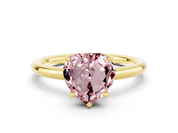 Yellow gold Heart Cut Morganite Solitaire Ring with Thin Band and Four-Prong Setting