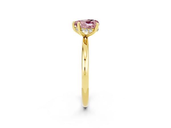 Yellow gold Heart Cut Morganite Solitaire Ring with Thin Band and Four-Prong Setting