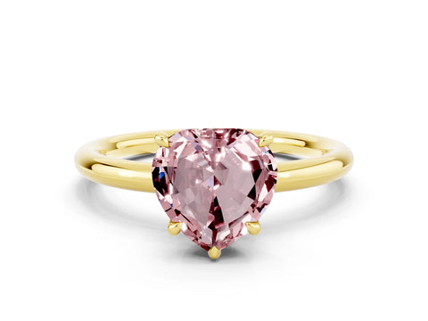 Yellow gold Heart Cut Morganite Solitaire Ring with Thin Band and Four-Prong Setting