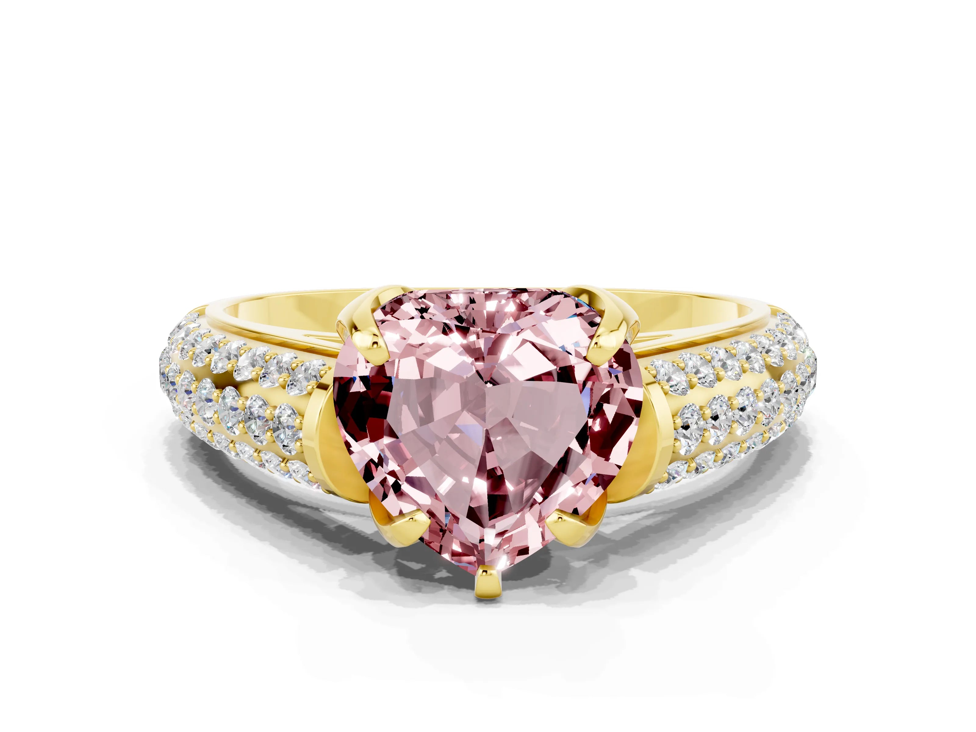 Yellow gold Heart Cut Morganite Solitaire Ring with Three-Row Pavé Band and Four-Prong Setting_12