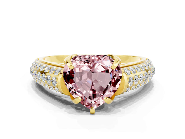 Yellow gold Heart Cut Morganite Solitaire Ring with Three-Row Pavé Band and Four-Prong Setting