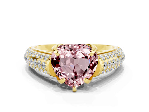 Yellow gold Heart Cut Morganite Solitaire Ring with Three-Row Pavé Band and Four-Prong Setting_12