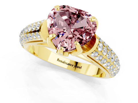 Yellow gold Heart Cut Morganite Solitaire Ring with Three-Row Pavé Band and Four-Prong Setting_13