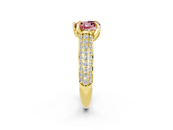 Yellow gold Heart Cut Morganite Solitaire Ring with Three-Row Pavé Band and Four-Prong Setting