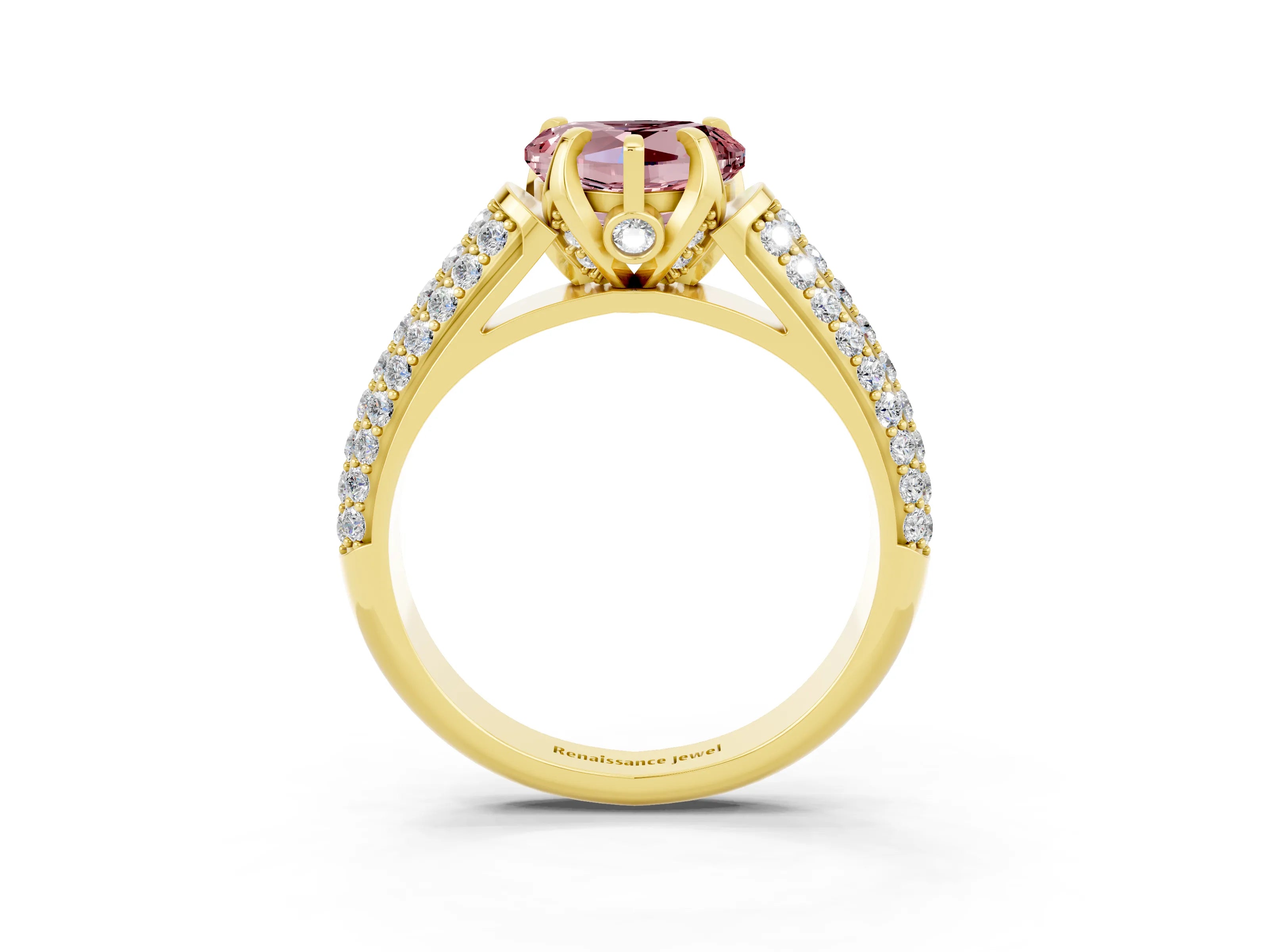 Yellow gold Heart Cut Morganite Solitaire Ring with Three-Row Pavé Band and Four-Prong Setting_15
