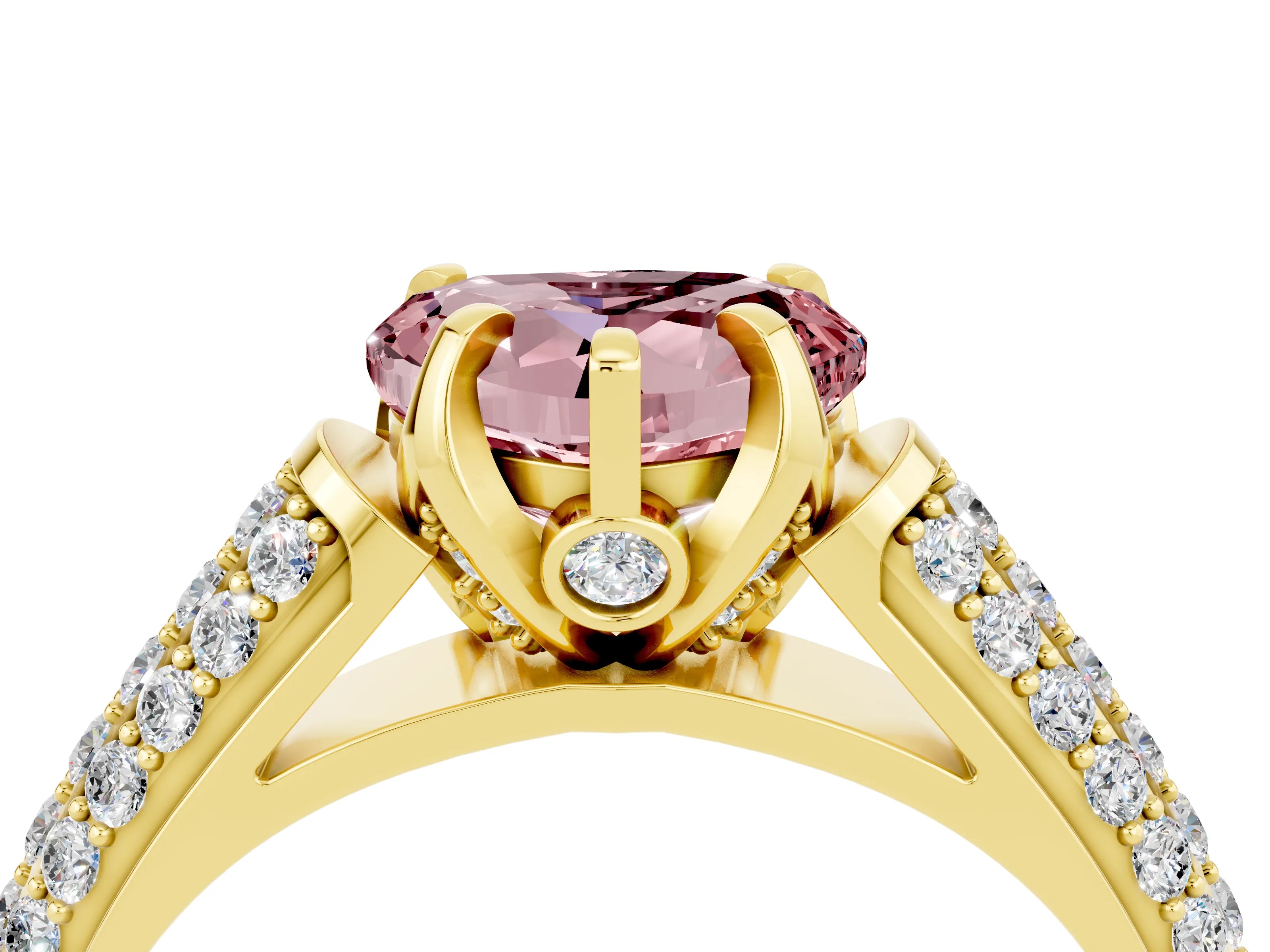 Yellow gold Heart Cut Morganite Solitaire Ring with Three-Row Pavé Band and Four-Prong Setting_16