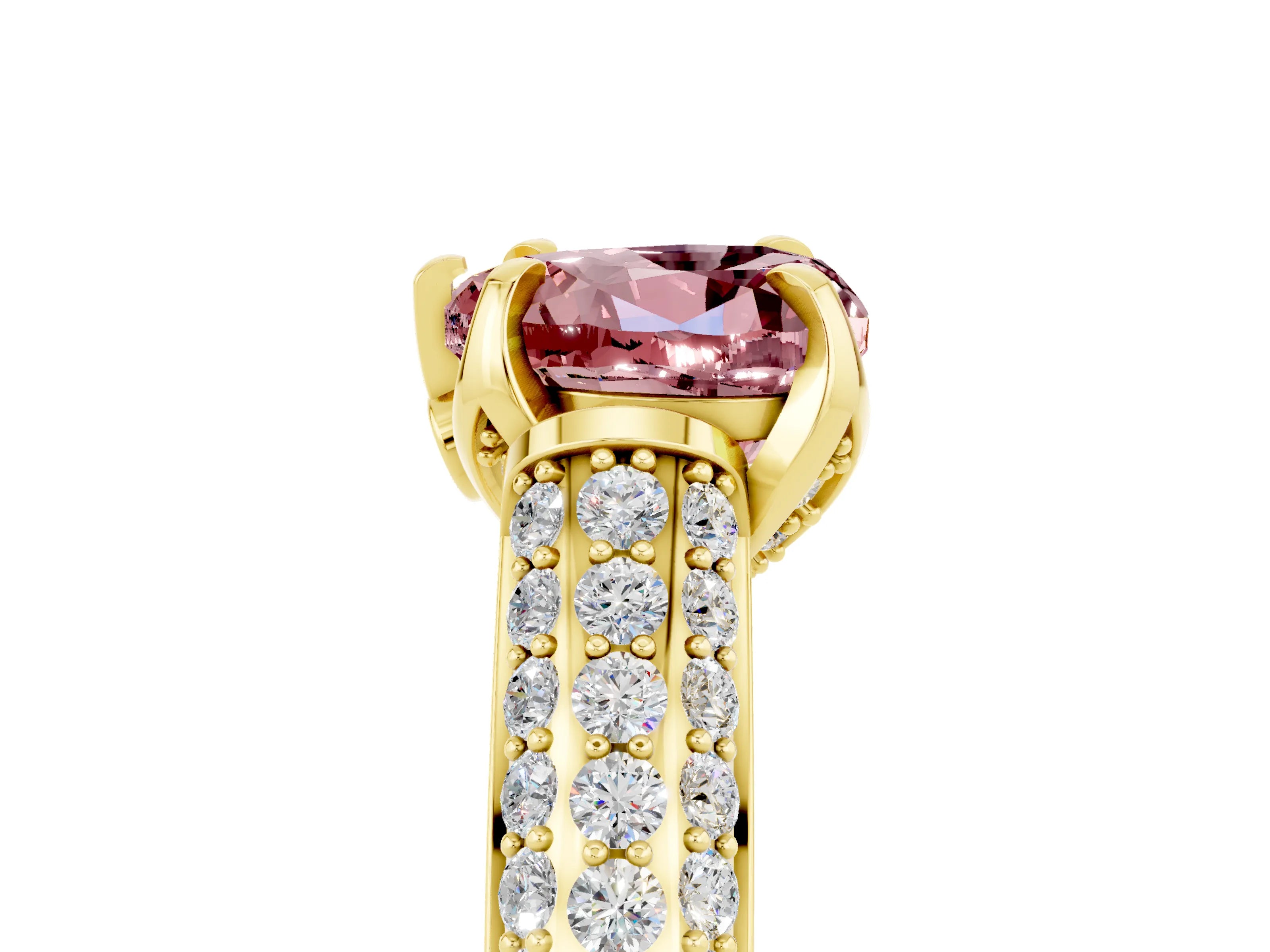 Yellow gold Heart Cut Morganite Solitaire Ring with Three-Row Pavé Band and Four-Prong Setting_17