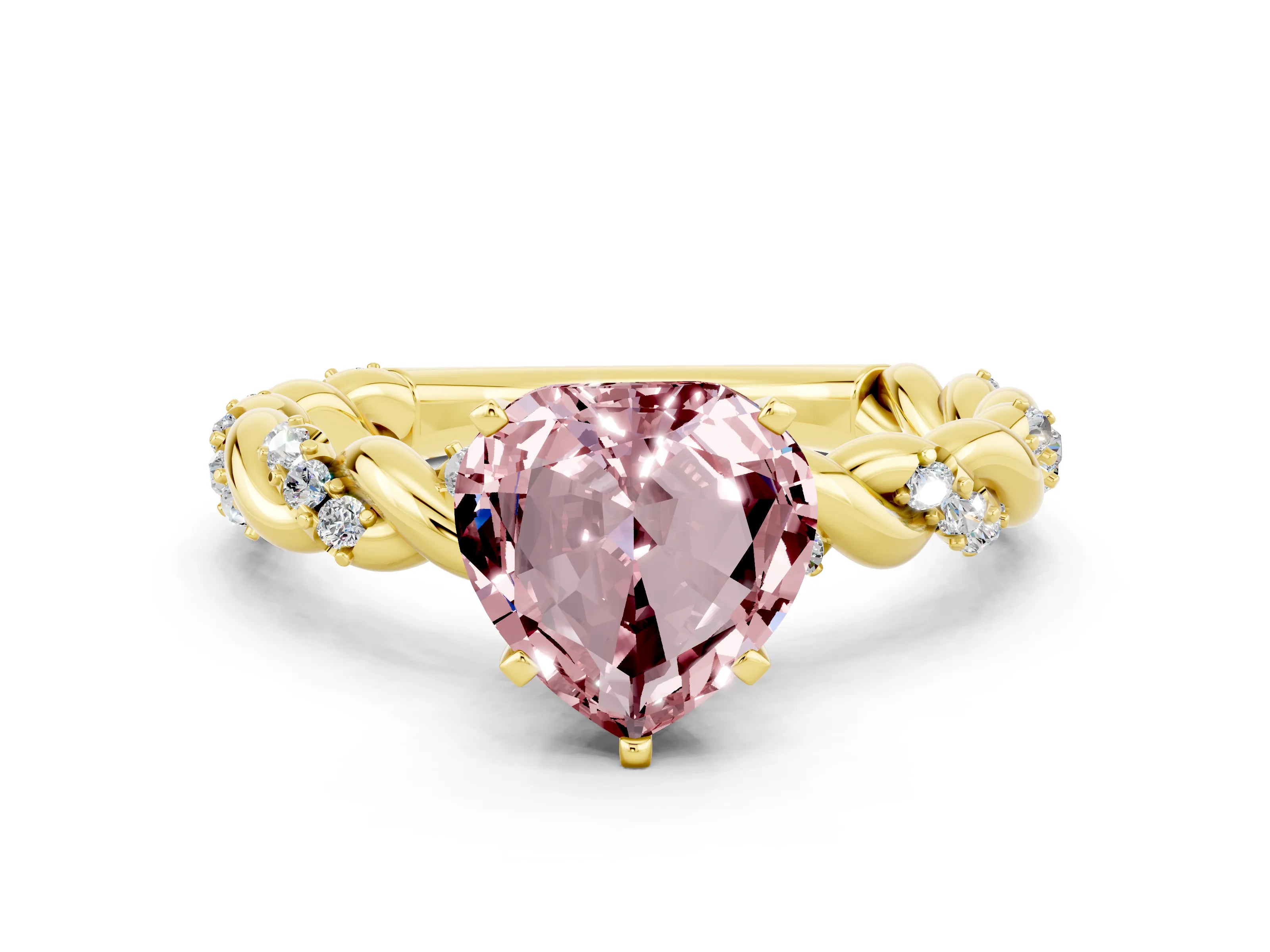 Yellow gold Heart Cut Morganite Solitaire Ring with Twisted Band and Pavé Accents