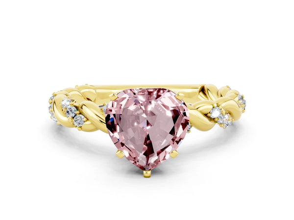 Yellow gold Heart Cut Morganite Solitaire Ring with Twisted Band and Pavé Accents