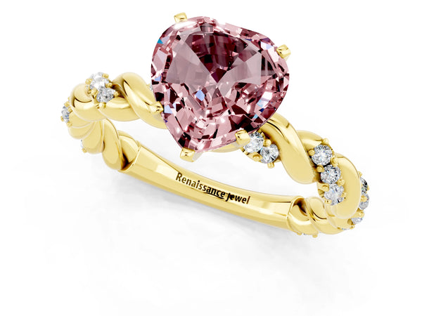 Yellow gold Heart Cut Morganite Solitaire Ring with Twisted Band and Pavé Accents
