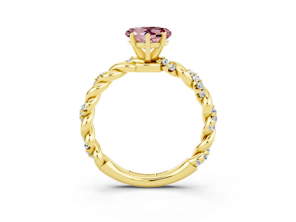 Yellow gold Heart Cut Morganite Solitaire Ring with Twisted Band and Pavé Accents