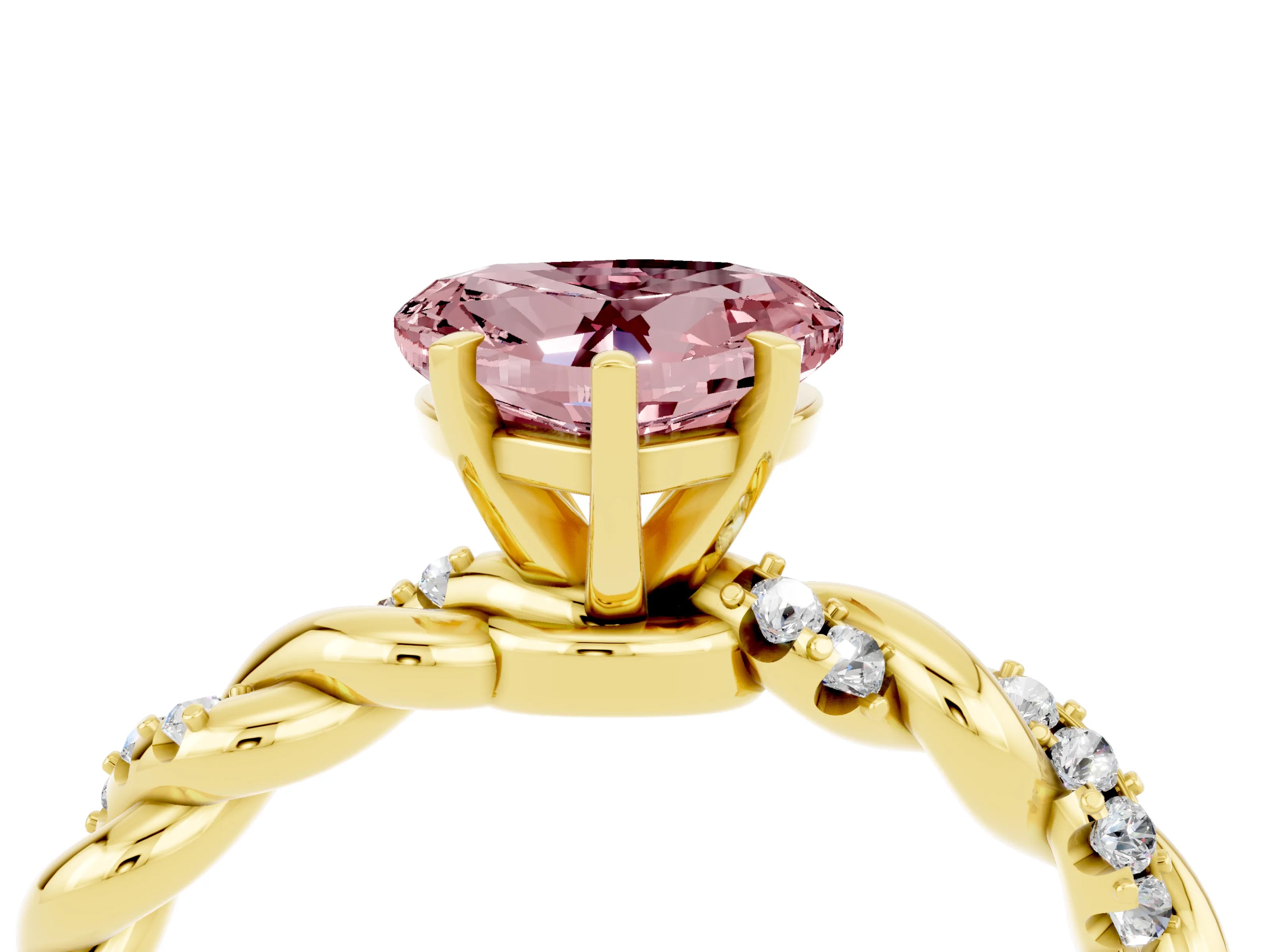 Yellow gold Heart Cut Morganite Solitaire Ring with Twisted Band and Pavé Accents_4