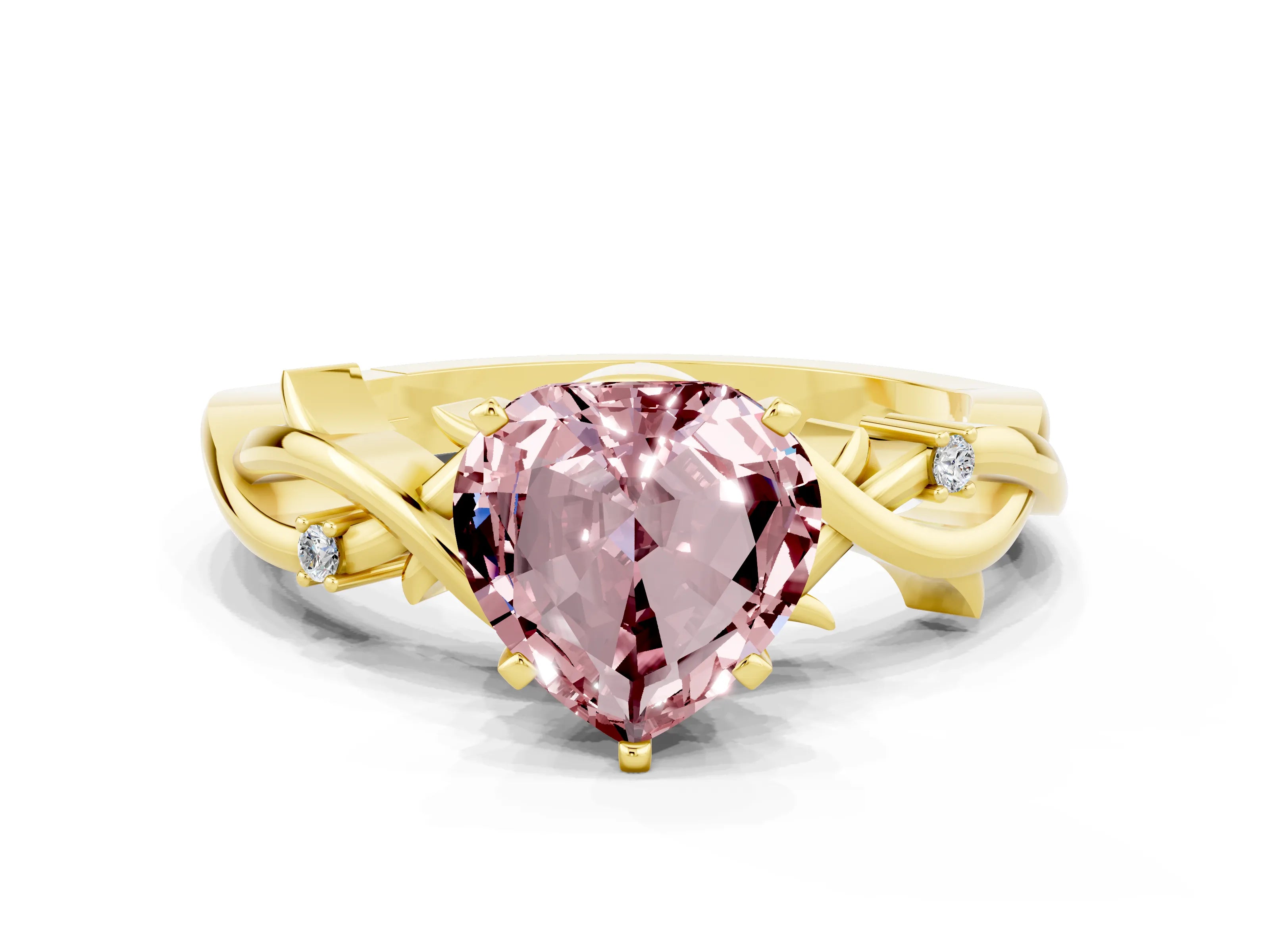 Yellow gold Heart Cut Morganite Solitaire Ring with Twisted Band and Prong Setting