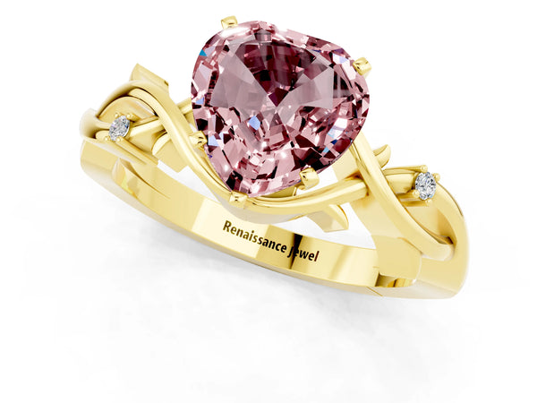 Yellow gold Heart Cut Morganite Solitaire Ring with Twisted Band and Prong Setting