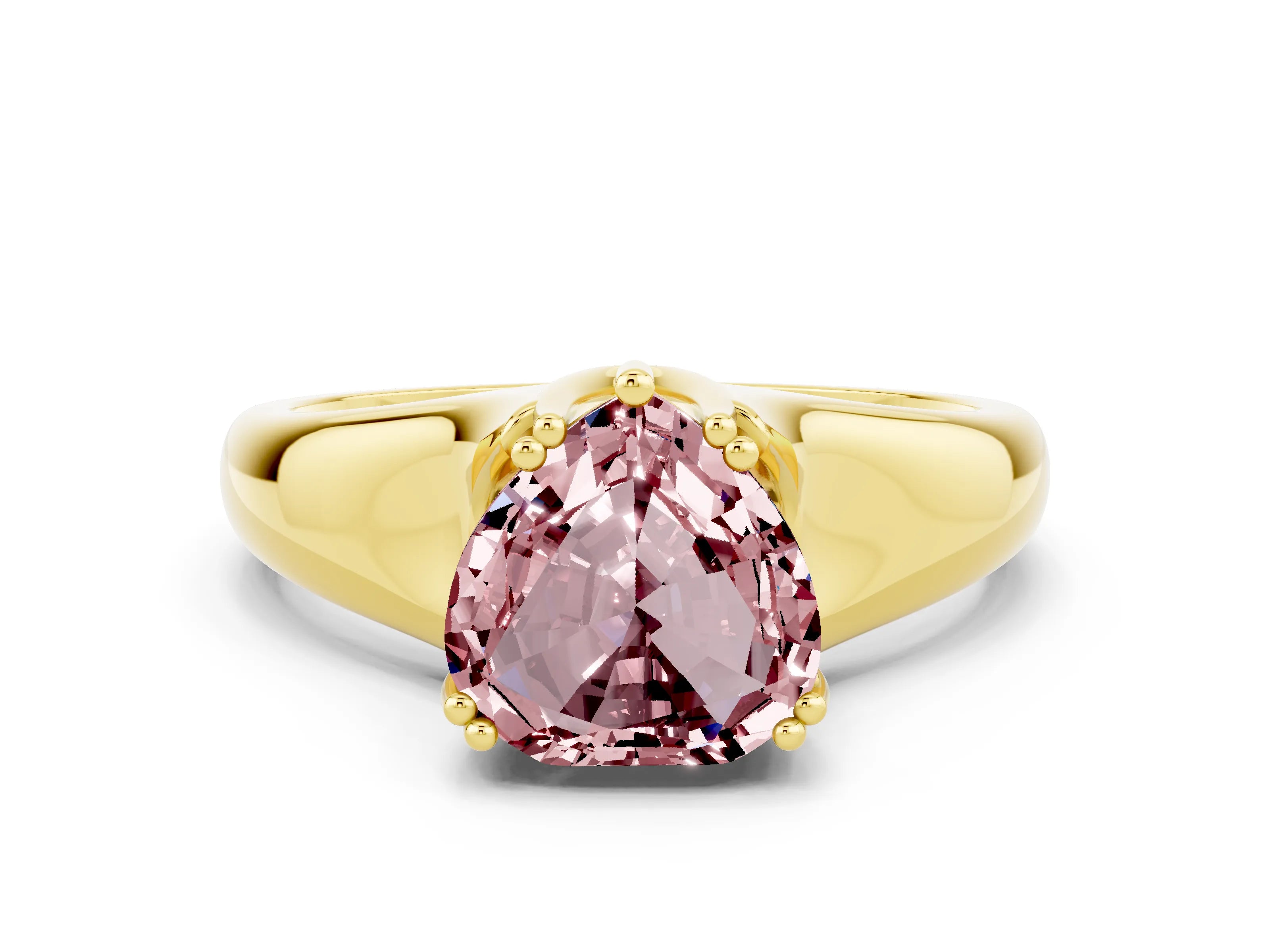 Yellow gold Heart Cut Morganite Solitaire Ring with Wide Band and Prong Setting