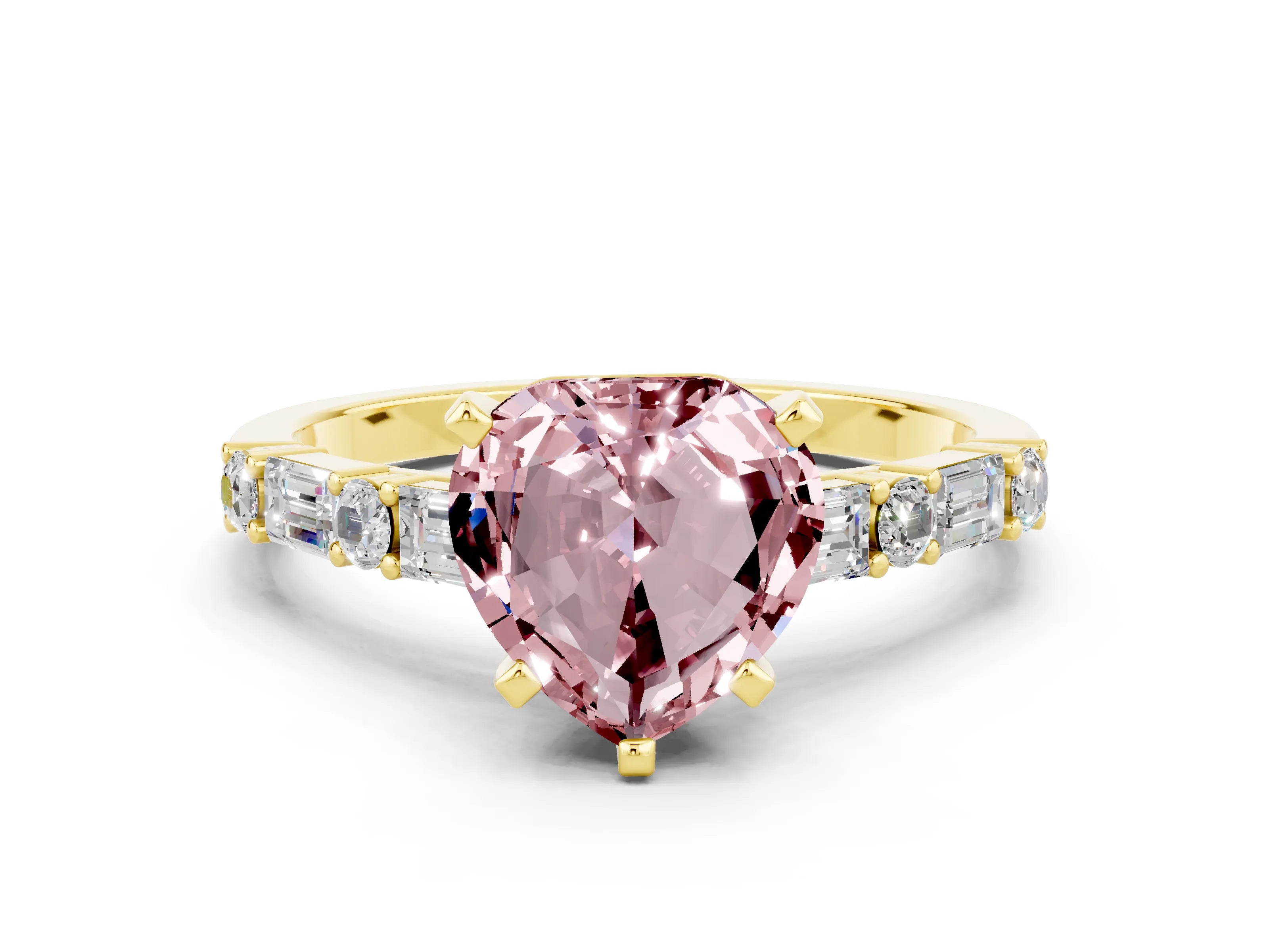 Yellow gold Heart Cut Morganite Solitaire with Side Baguettes and Channel Set Band
