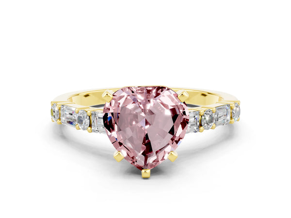 Yellow gold Heart Cut Morganite Solitaire with Side Baguettes and Channel Set Band
