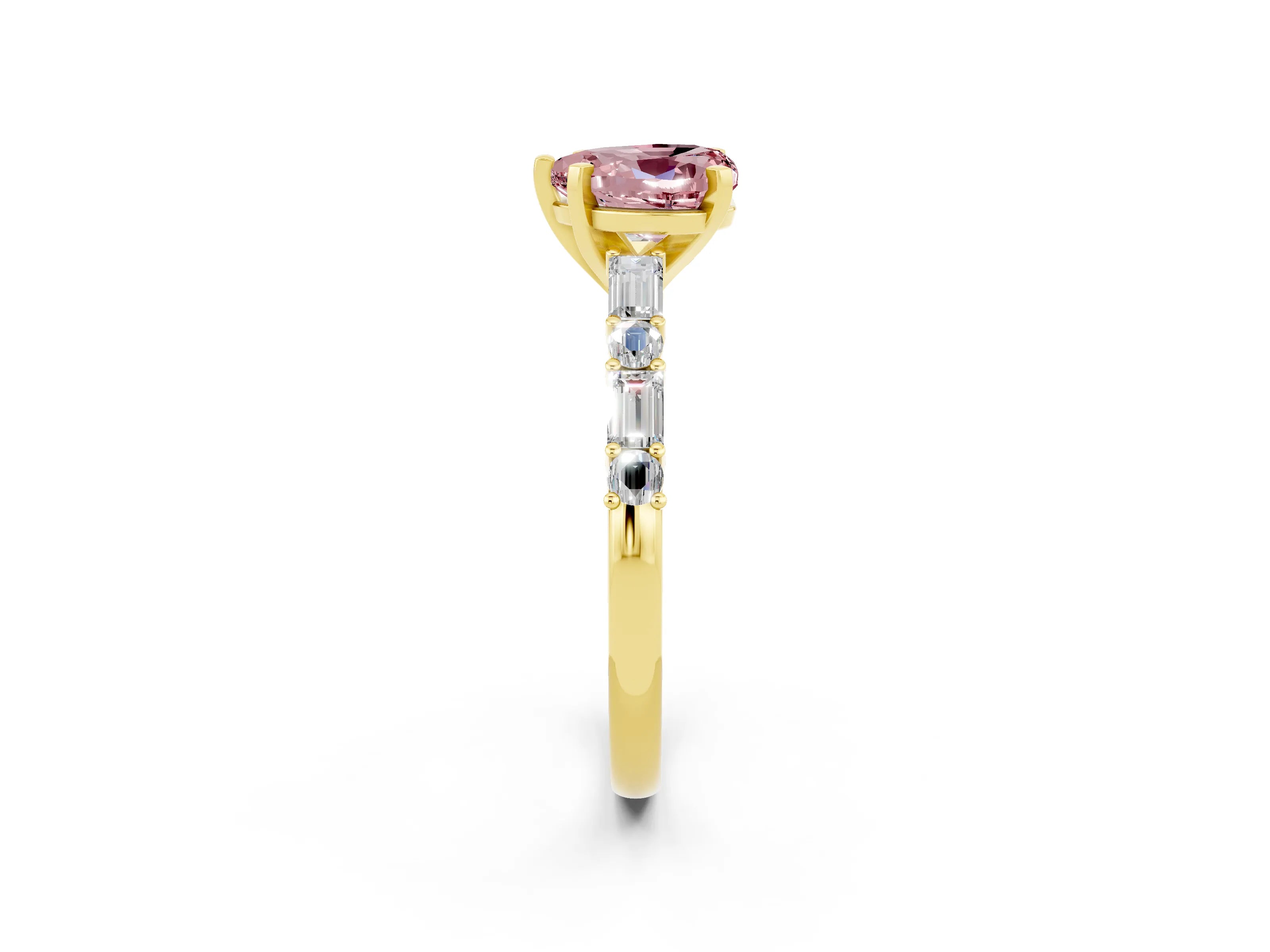 Yellow gold Heart Cut Morganite Solitaire with Side Baguettes and Channel Set Band_2