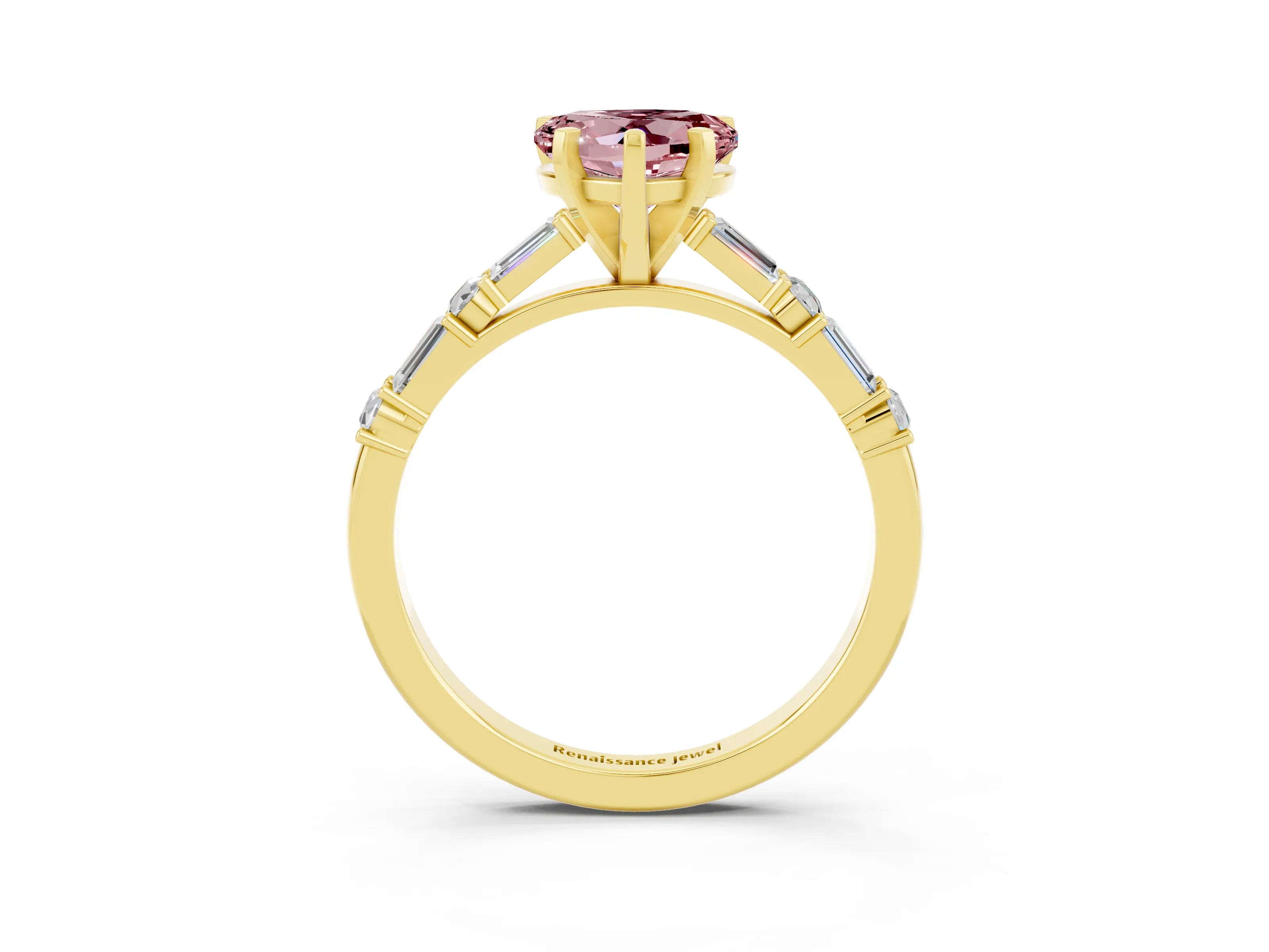Yellow gold Heart Cut Morganite Solitaire with Side Baguettes and Channel Set Band_3
