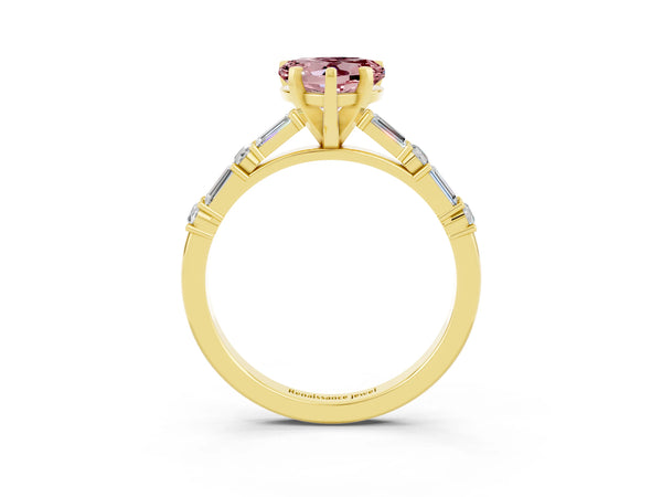 Yellow gold Heart Cut Morganite Solitaire with Side Baguettes and Channel Set Band