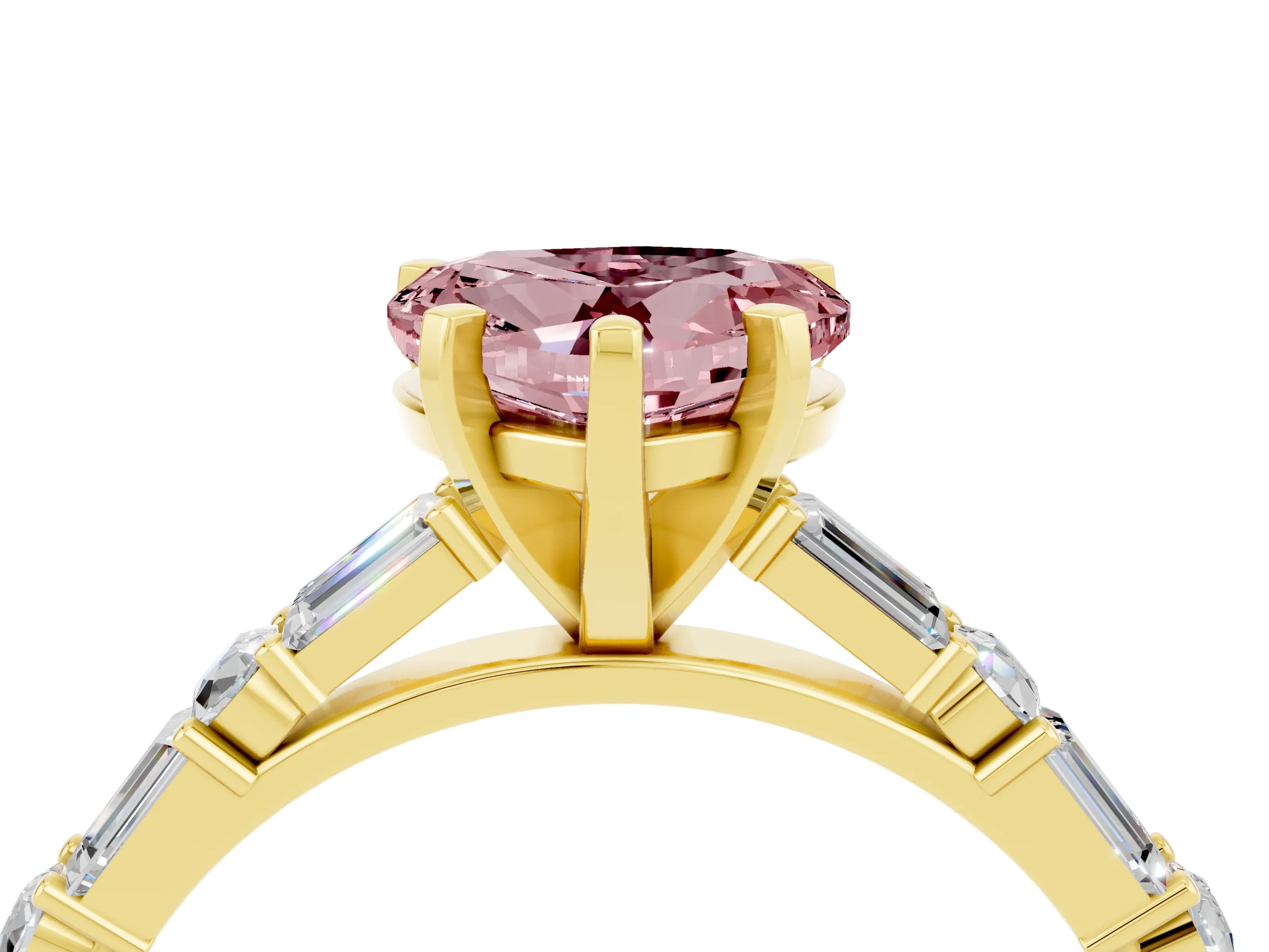 Yellow gold Heart Cut Morganite Solitaire with Side Baguettes and Channel Set Band_4