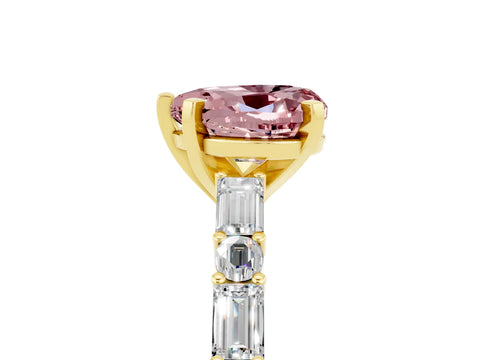 Yellow gold Heart Cut Morganite Solitaire with Side Baguettes and Channel Set Band_5