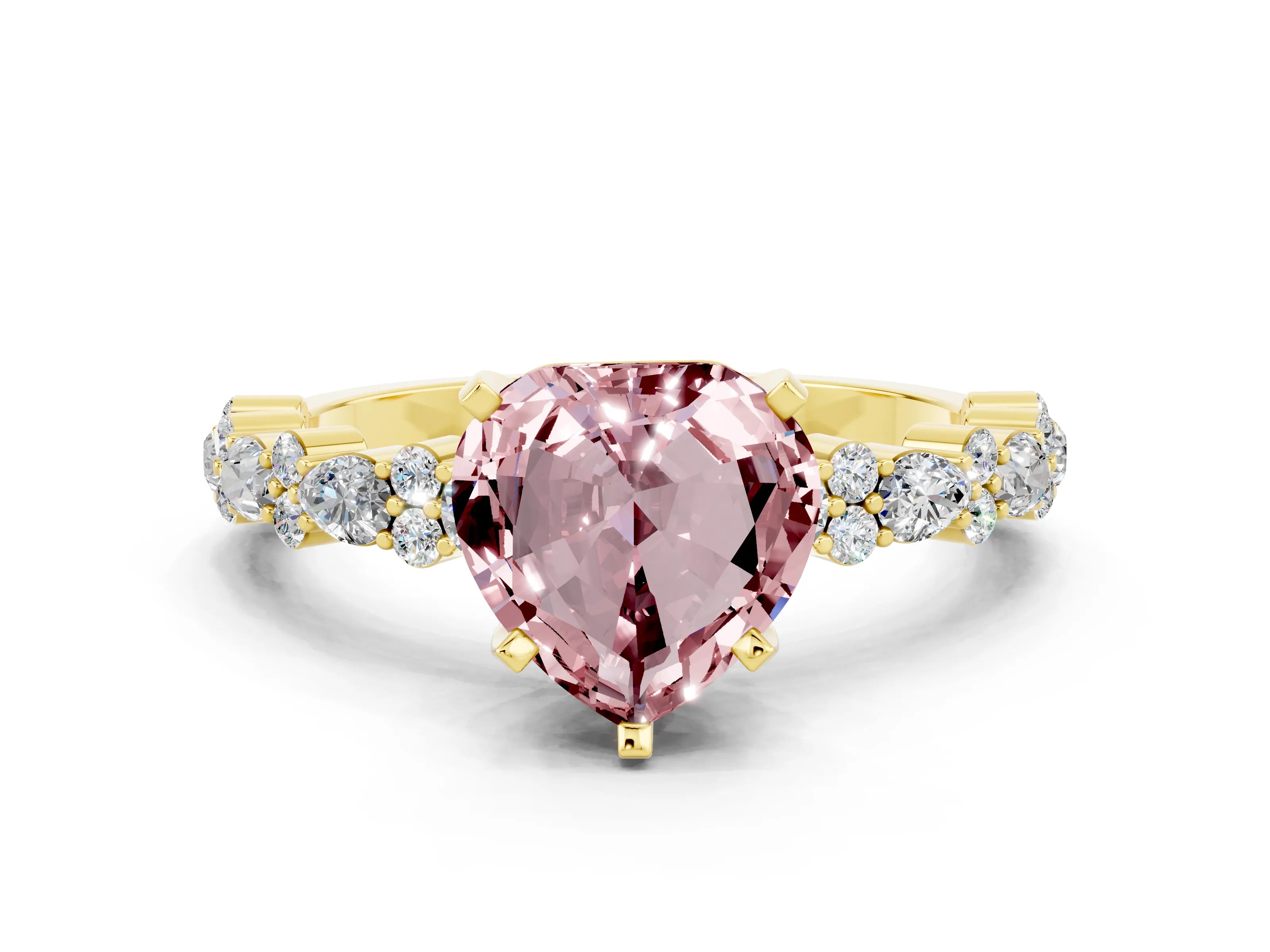 Yellow gold Heart Cut Morganite Solitaire with Side Stones, Pave Band, Four-Prong Setting_36