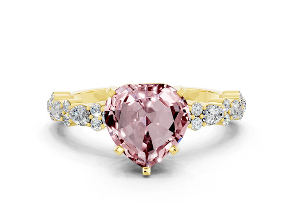 Yellow gold Heart Cut Morganite Side Stone Solitaire Ring with Round  and Four-Prong Setting