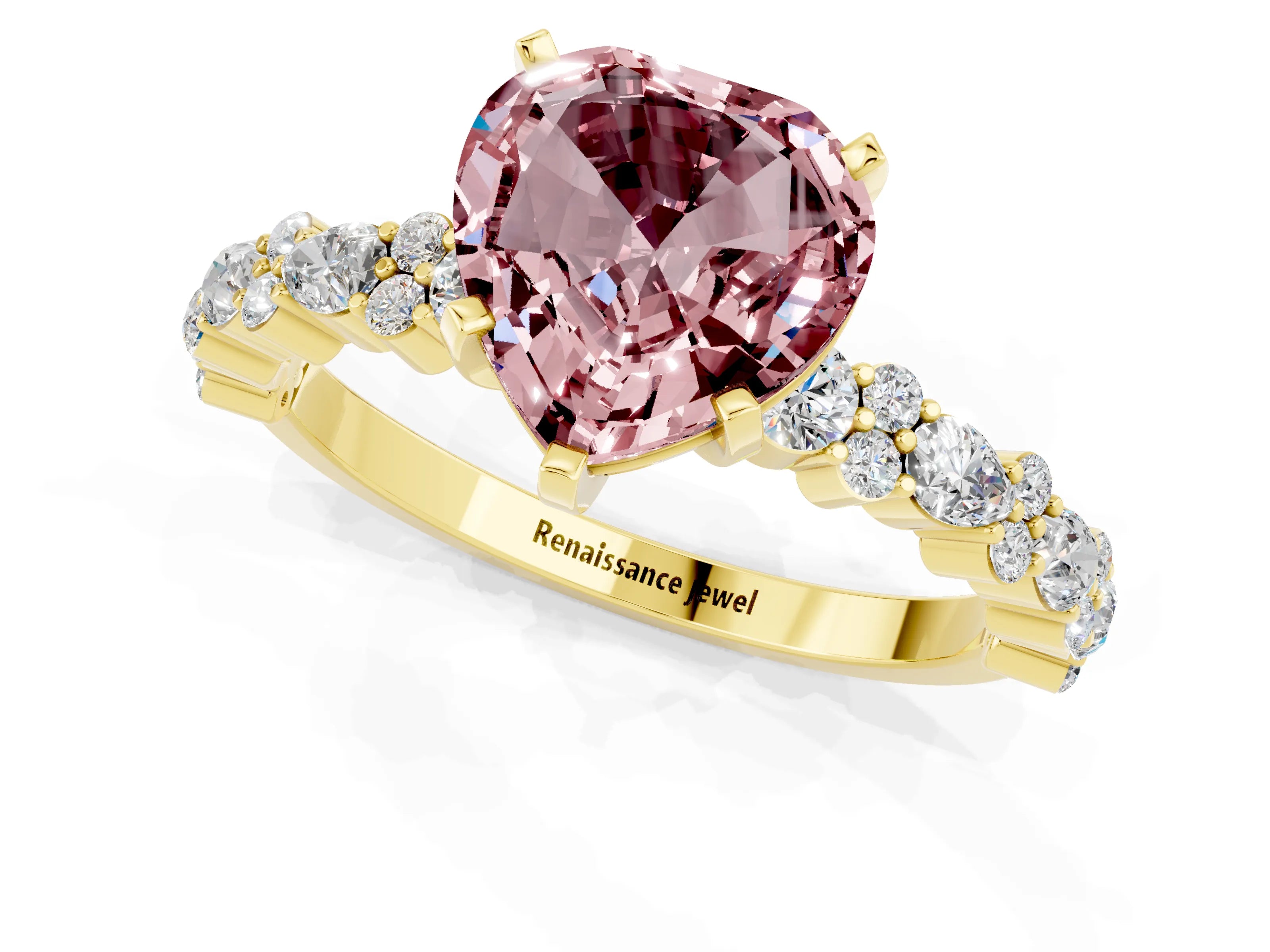 Yellow gold Heart Cut Morganite Solitaire with Side Stones, Pave Band, Four-Prong Setting_37