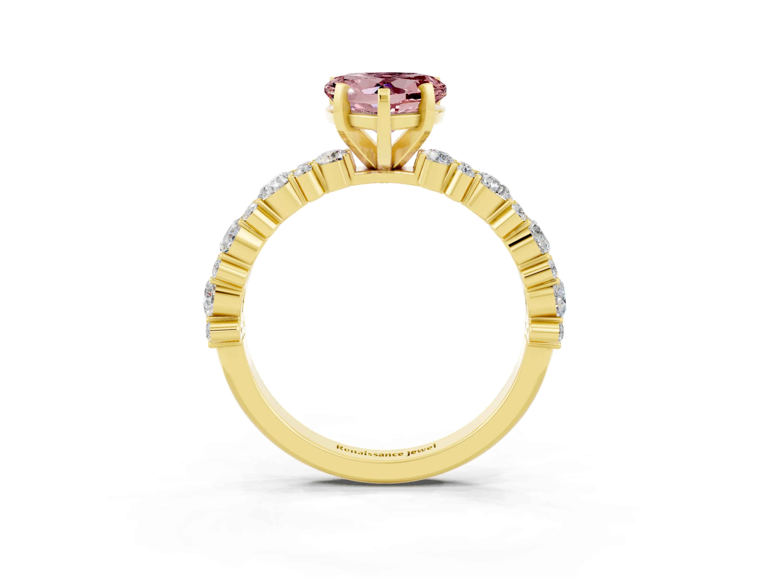 Yellow gold Heart Cut Morganite Solitaire with Side Stones, Pave Band, Four-Prong Setting_39