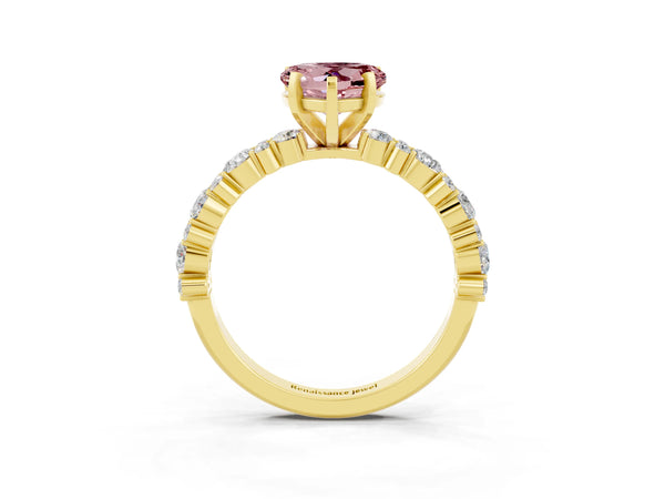 Yellow gold Heart Cut Morganite Side Stone Solitaire Ring with Round  and Four-Prong Setting