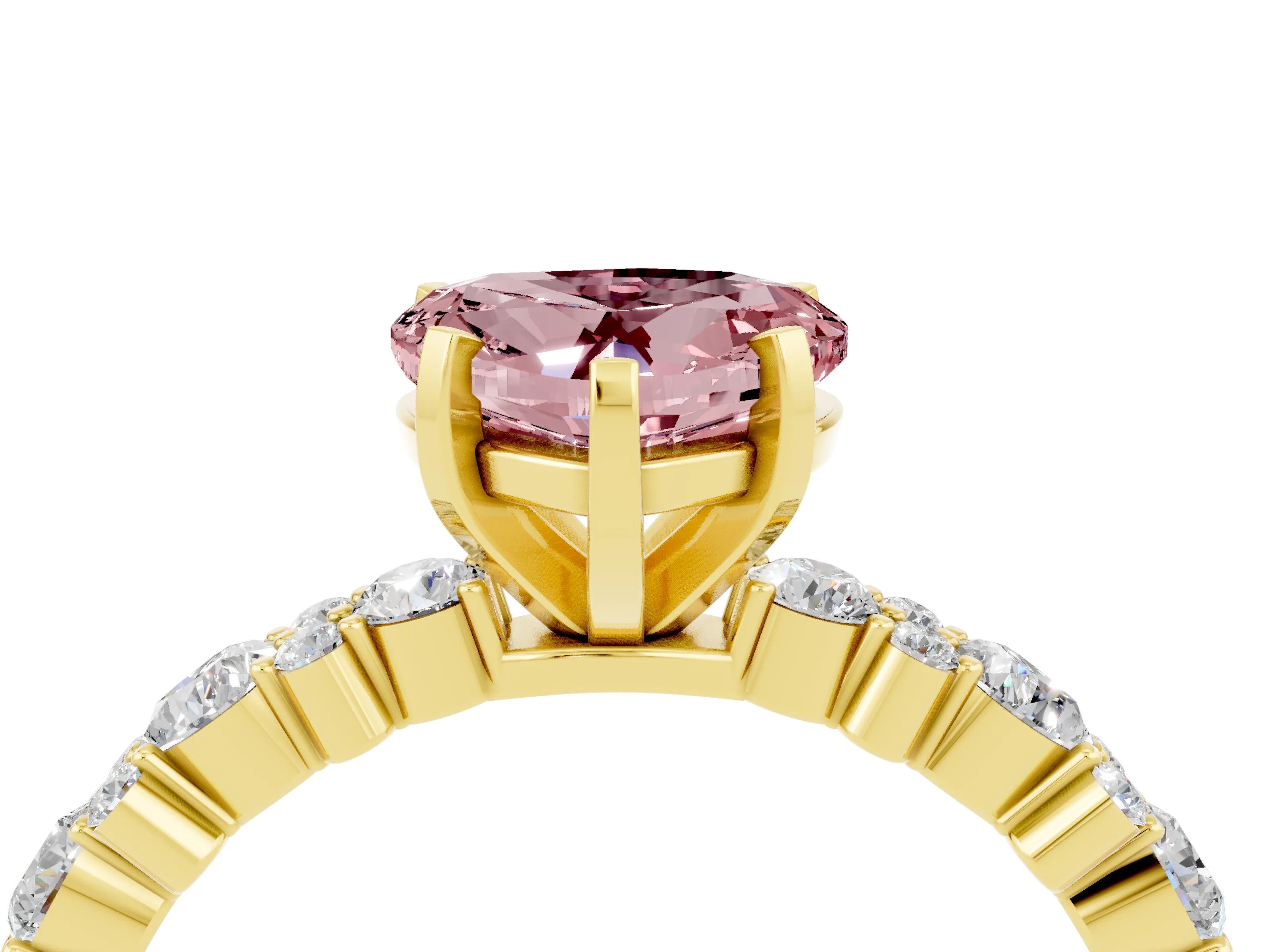 Yellow gold Heart Cut Morganite Solitaire with Side Stones, Pave Band, Four-Prong Setting_40