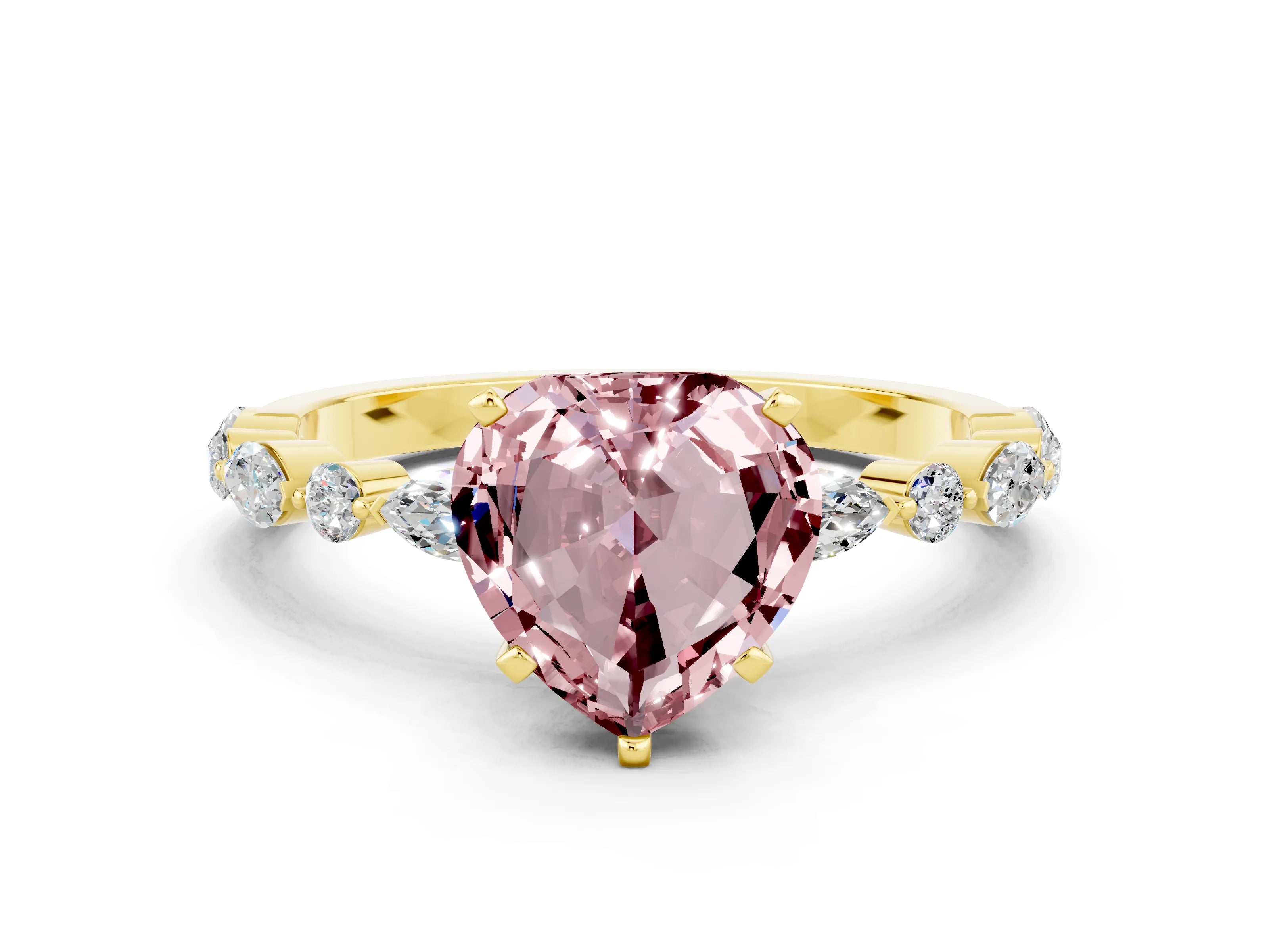 Yellow gold Heart Cut Morganite Solitaire with Side Stones on a Pavé Band and Four-Prong Setting