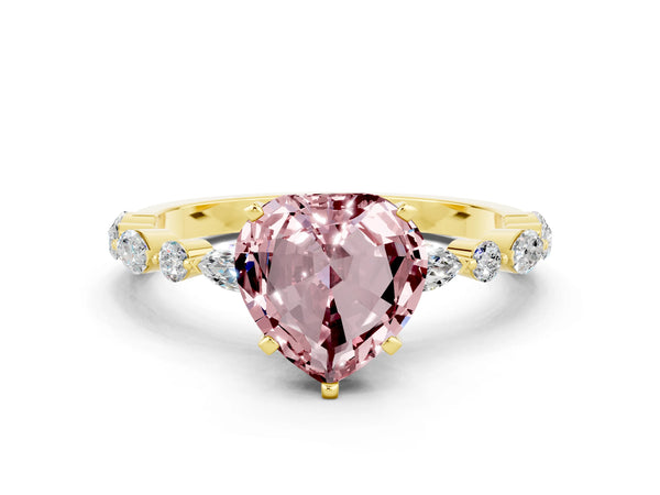 Yellow gold Heart Cut Morganite Ring with Marquise and Round  Side Stones and Four-Prong Setting
