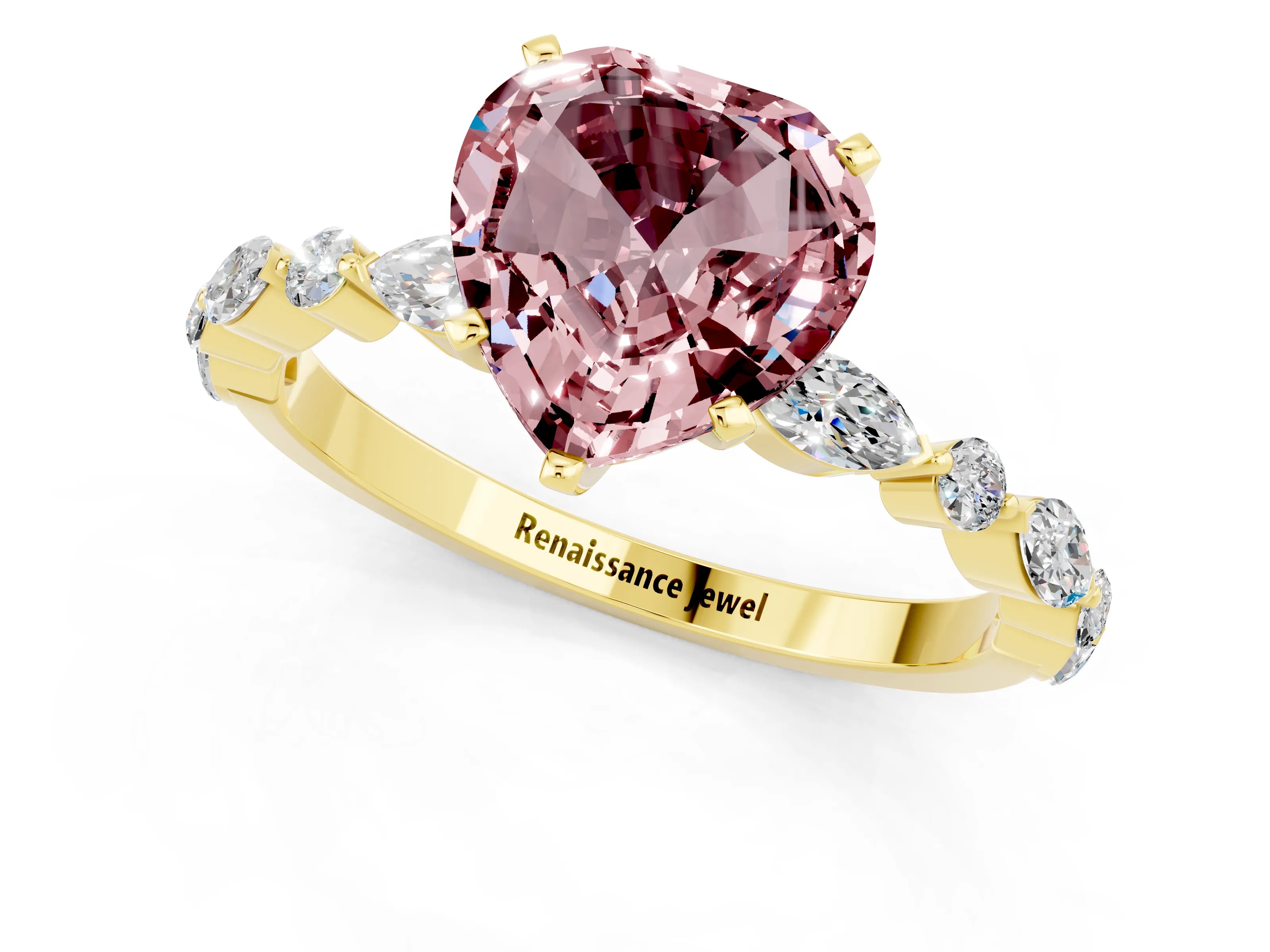 Yellow gold Heart Cut Morganite Solitaire with Side Stones on a Pavé Band and Four-Prong Setting_1