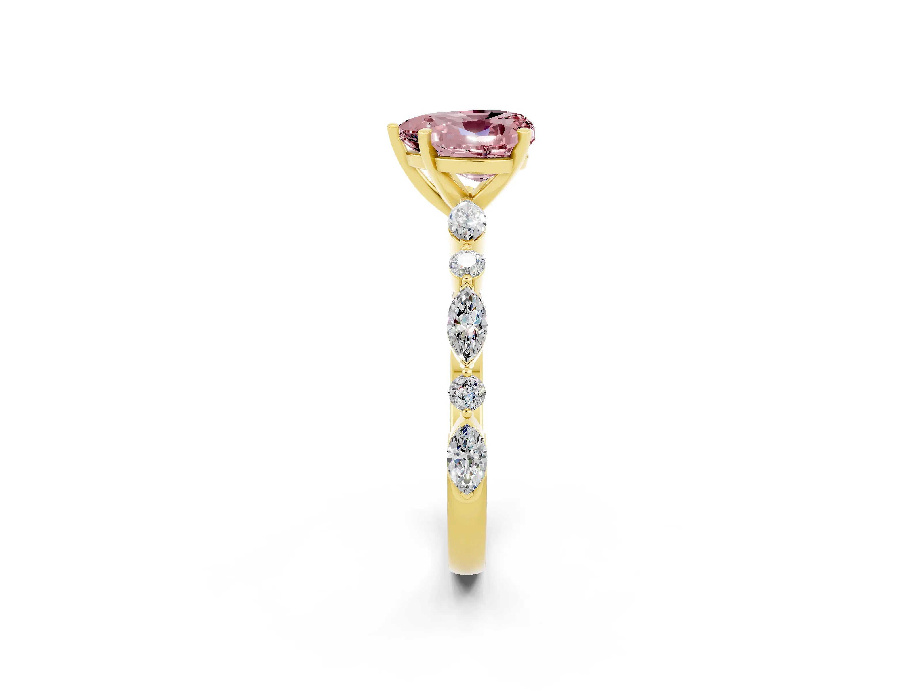 Yellow gold Heart Cut Morganite Solitaire with Side Stones on a Pavé Band and Four-Prong Setting_2
