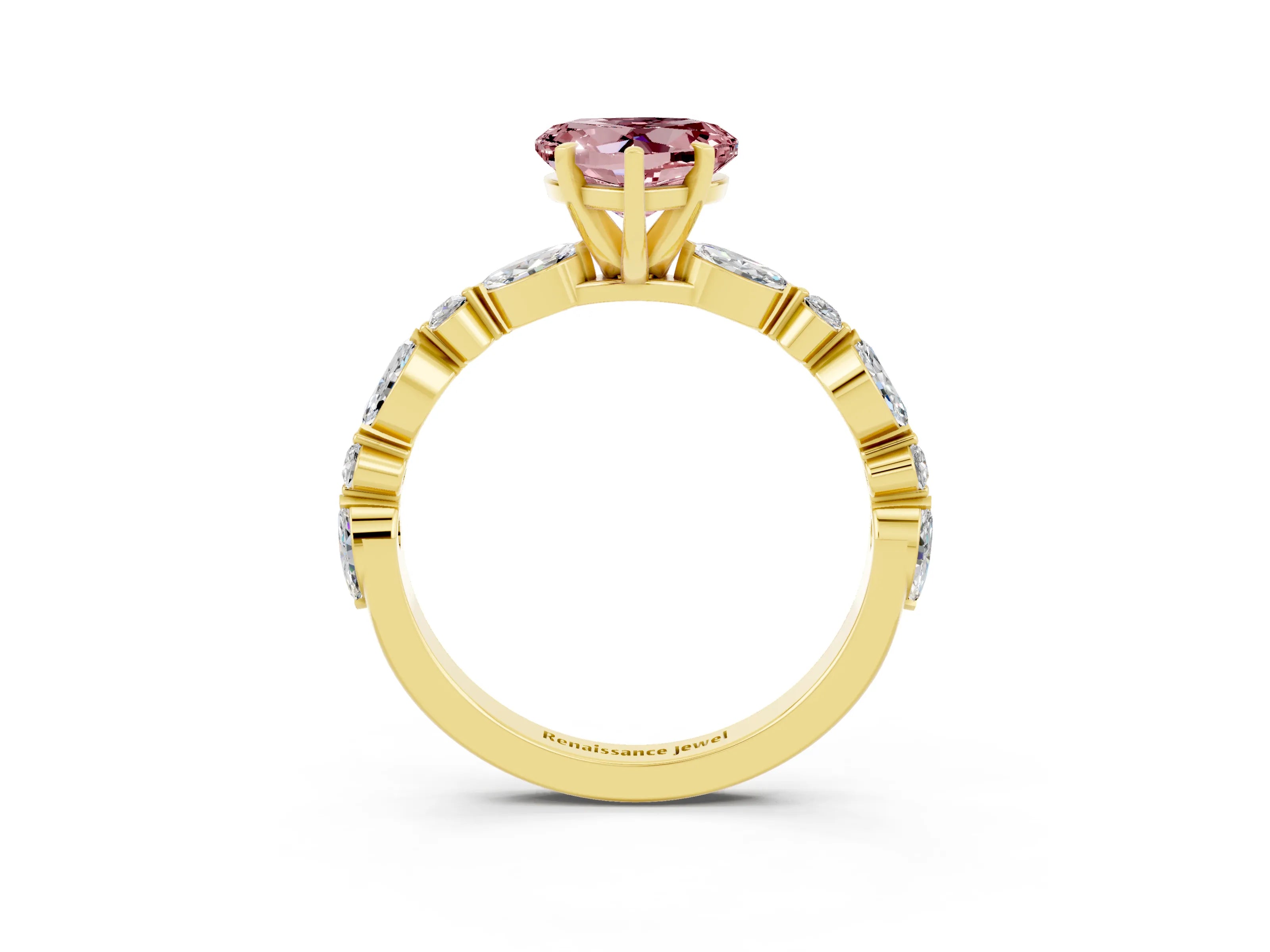 Yellow gold Heart Cut Morganite Solitaire with Side Stones on a Pavé Band and Four-Prong Setting_3