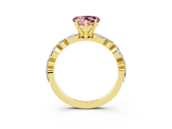 Yellow gold Heart Cut Morganite Ring with Marquise and Round  Side Stones and Four-Prong Setting