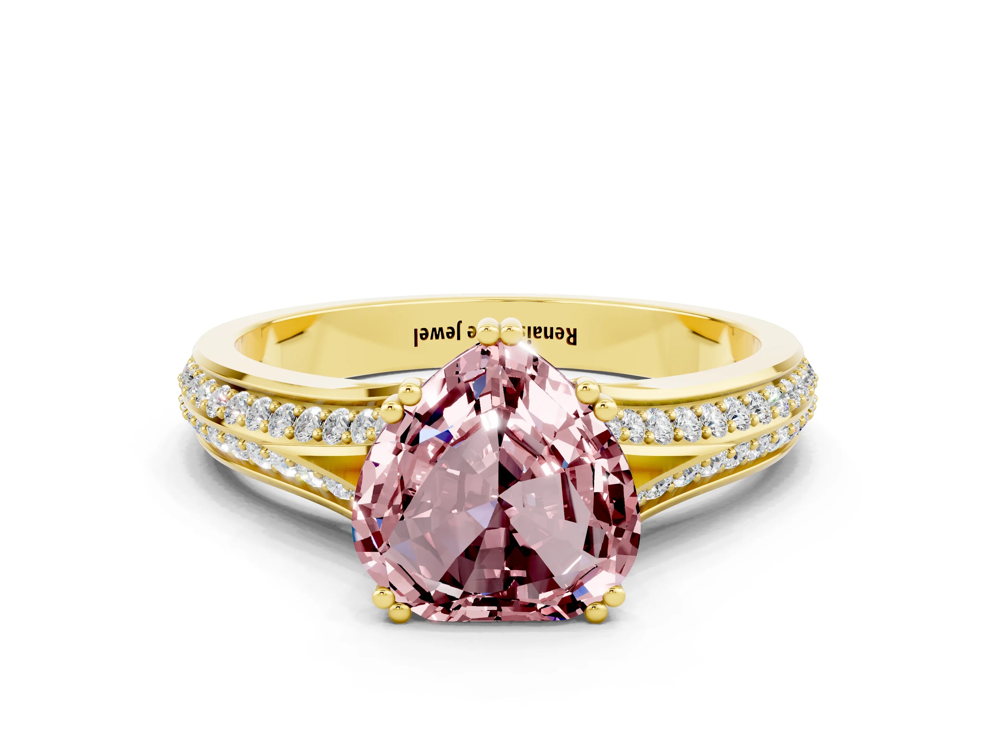 Yellow gold Heart Cut Morganite Split Shank Engagement Ring with Pavé Band