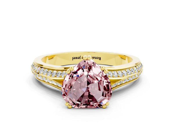 Yellow gold Heart Cut Morganite Split Shank Engagement Ring with Pavé Band