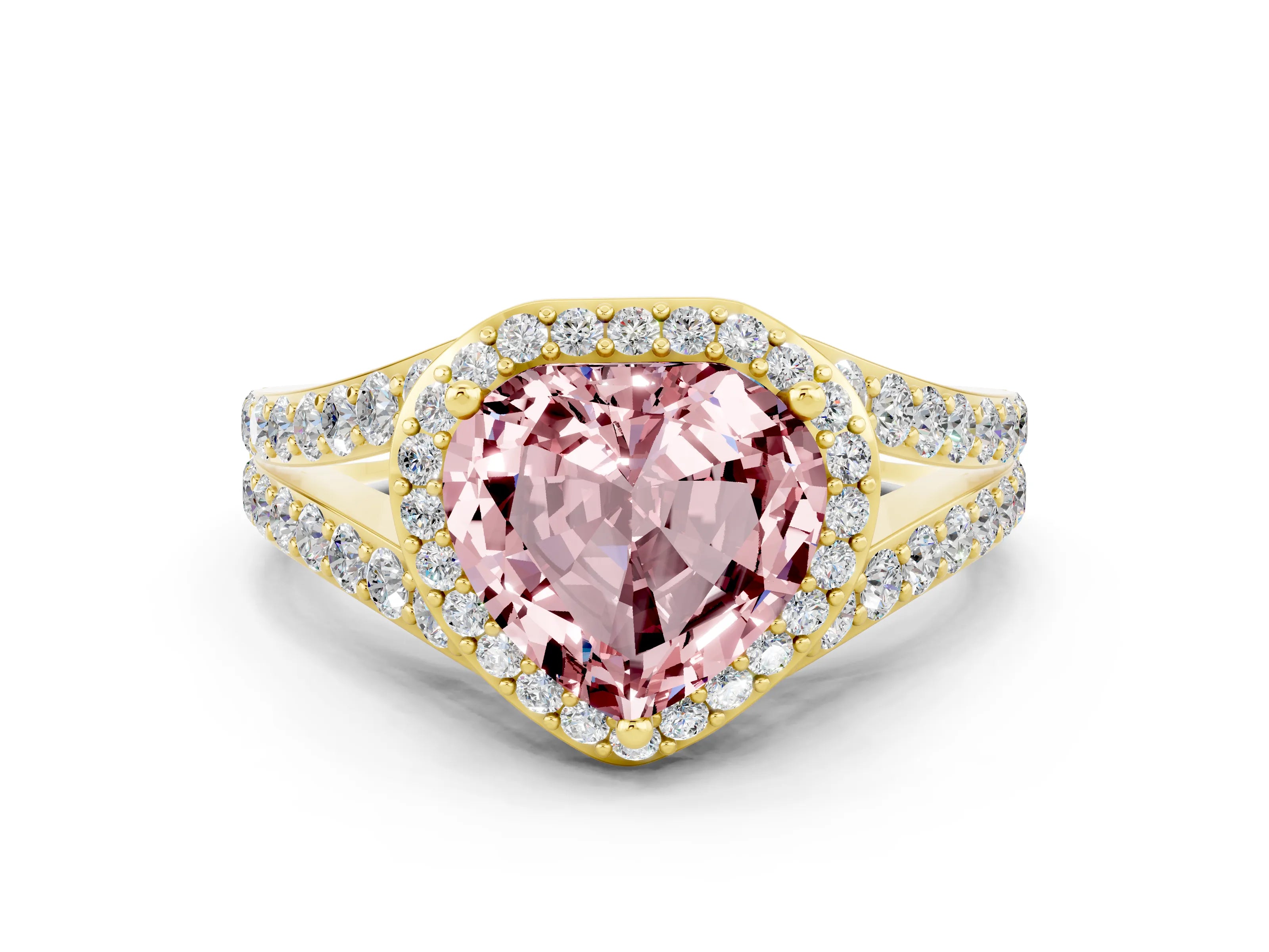 Yellow gold Heart Cut Morganite Split Shank Halo Ring with Four-Prong Setting_12