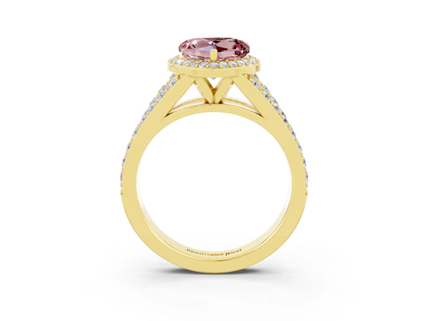 Yellow gold Heart Cut Morganite Split Shank Halo Ring with Four-Prong Setting