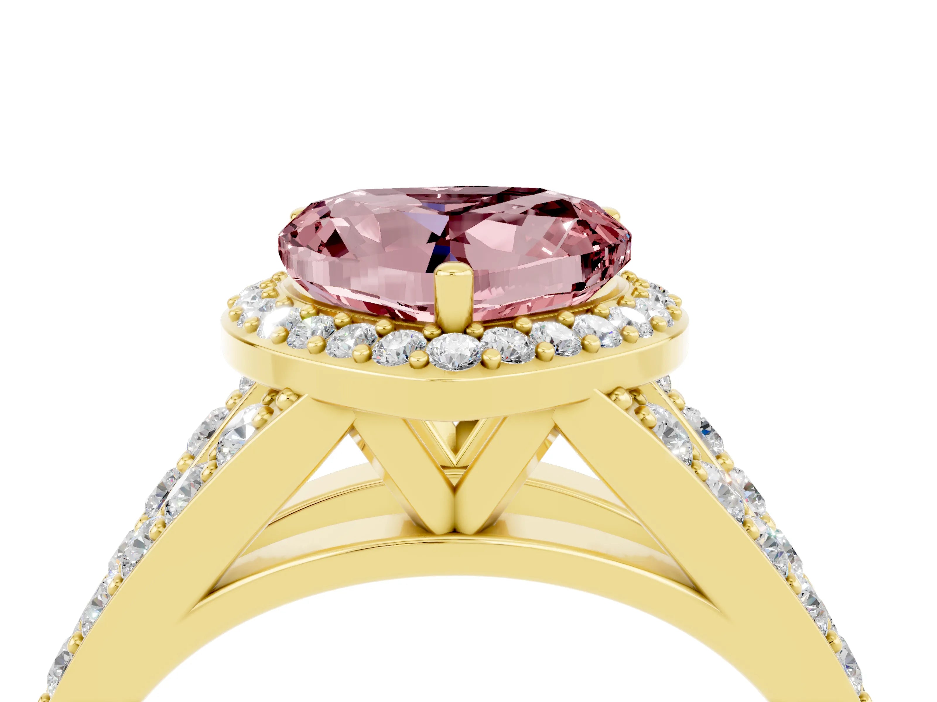 Yellow gold Heart Cut Morganite Split Shank Halo Ring with Four-Prong Setting_16