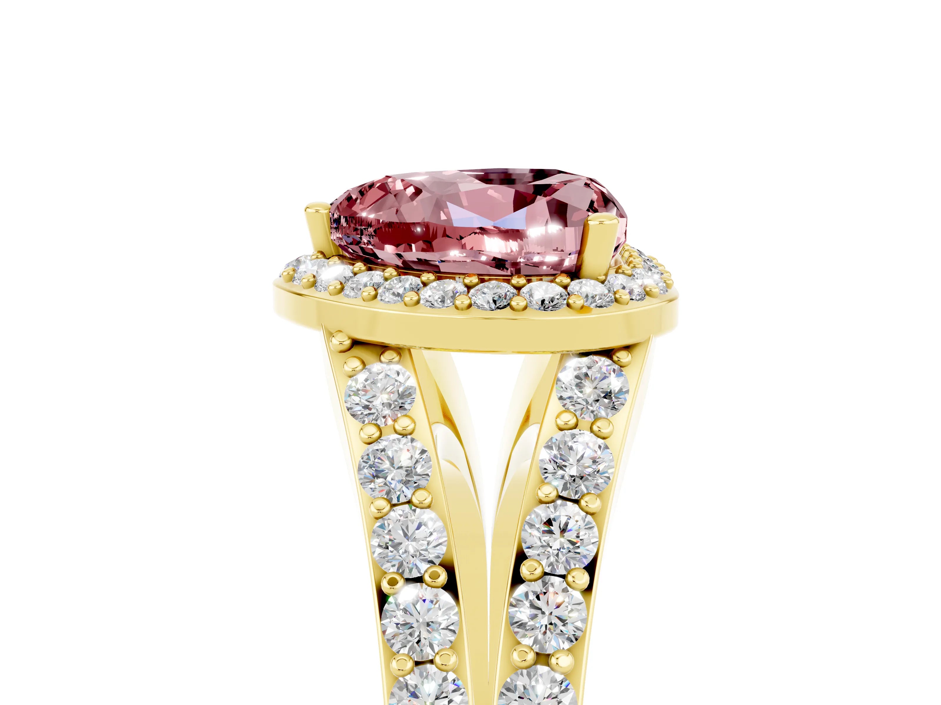 Yellow gold Heart Cut Morganite Split Shank Halo Ring with Four-Prong Setting_17