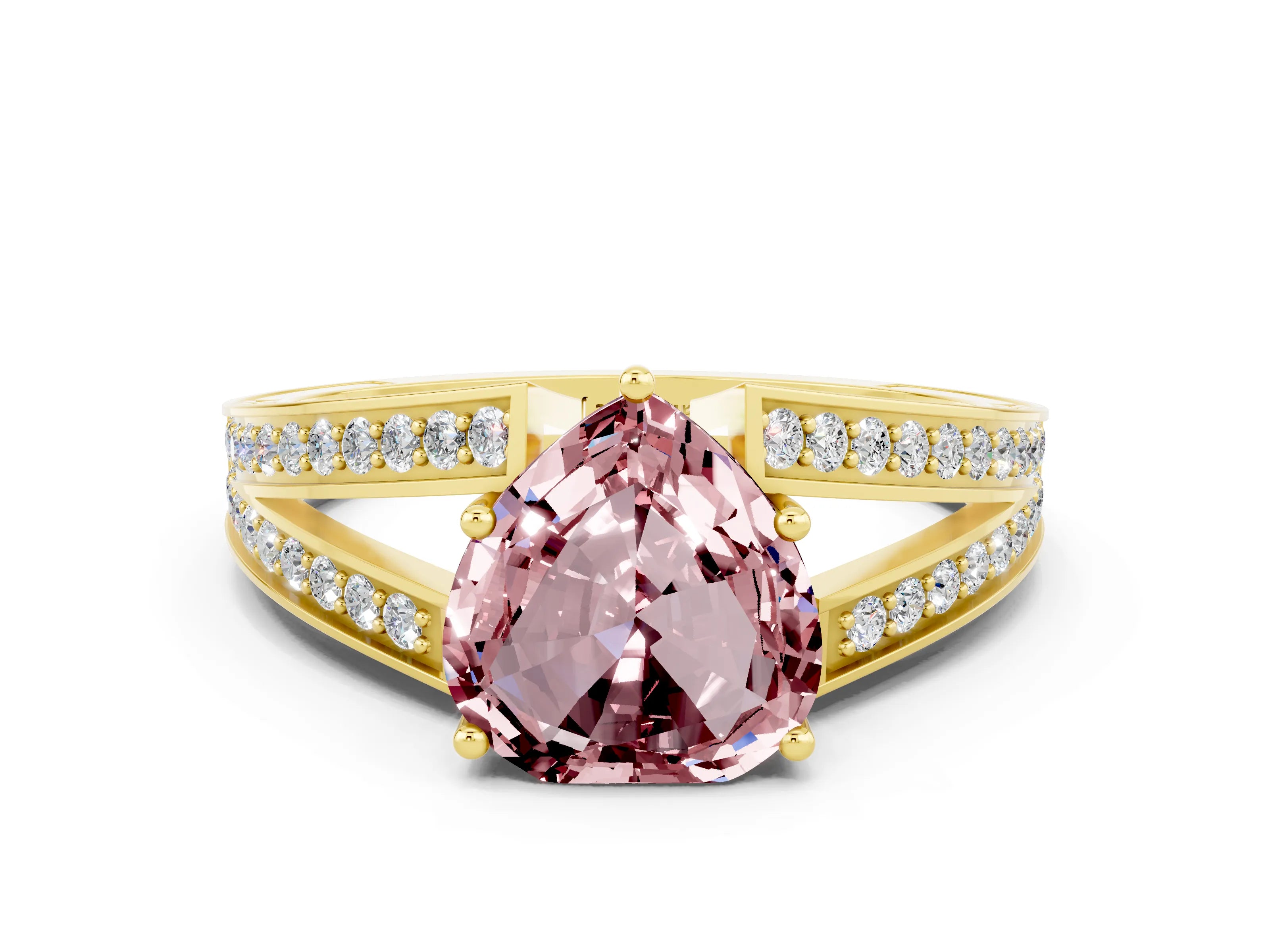 Yellow gold Heart Cut Morganite Split Shank Ring with Pavé Band and Four-Prong Setting