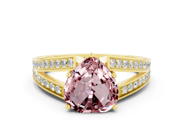 Yellow gold Heart Cut Morganite Split Shank Ring with Pavé Band and Four-Prong Setting