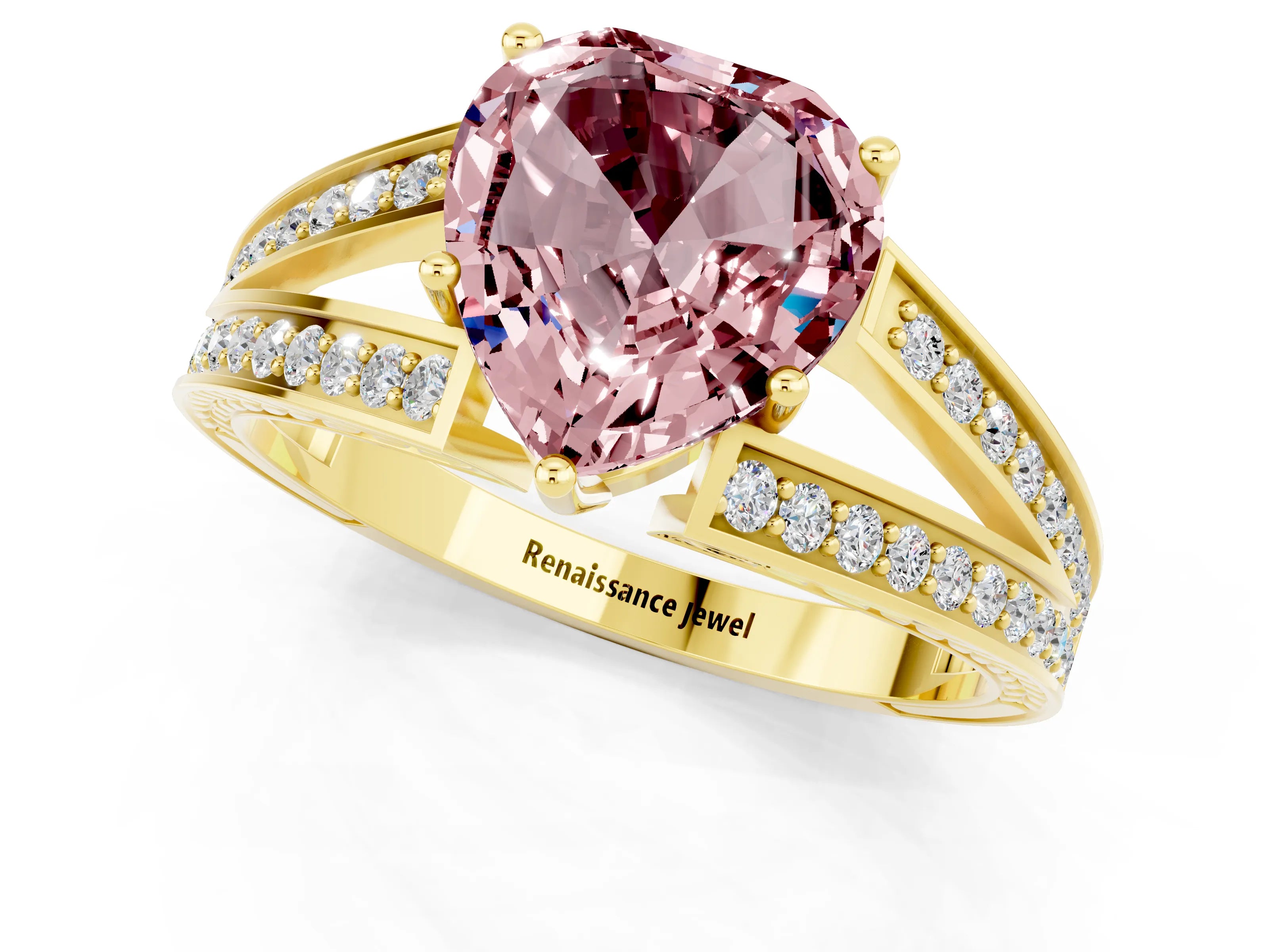 Yellow gold Heart Cut Morganite Split Shank Ring with Pavé Band and Four-Prong Setting_1