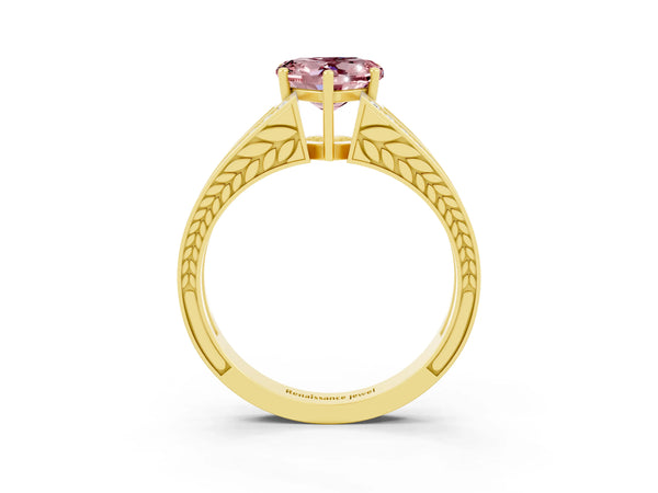 Yellow gold Heart Cut Morganite Split Shank Ring with Pavé Band and Four-Prong Setting